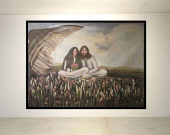 Authentic, One-of-a-kind, over-sized canvas paintings, title, On the Wing of Love, John & Yoko