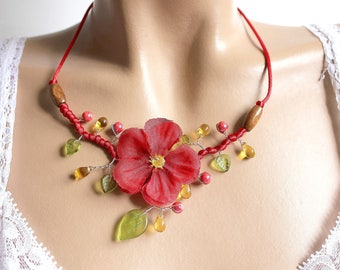 Geranium Flower necklace red jewelry