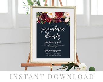 Printable Signature Drinks INSTANT DOWNLOAD, Wedding Bar Menu, DIY Printable Decorations, Templett, Editable pdf, His and Hers, Marsala