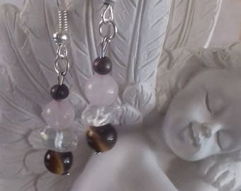 Earrings with 3 stones: Tiger's eye, rose Quartz and rock crystal