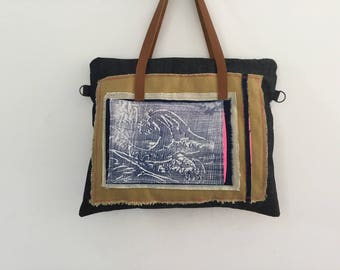 Purse both mustard and denim blue jeans, linen and leather back