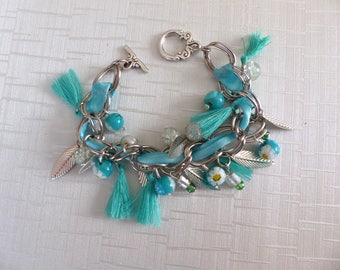 Charm bracelet turquoise blue and silver