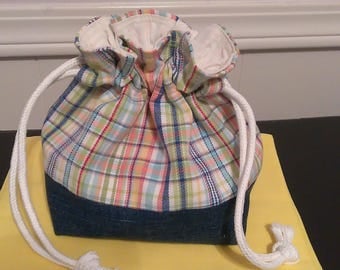 Checkered and Denim Drawstring Bag
