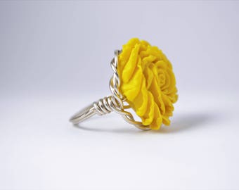 Wire Wrapped Rose Ring; Sunshine Yellow (Silver Band)
