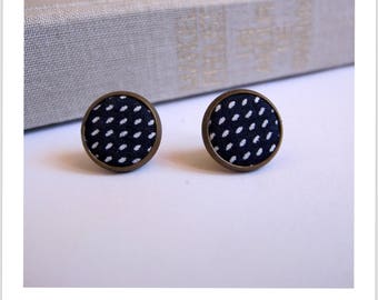 Stud Earrings fabric Navy blue white polka dots