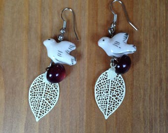 Bird porcelain white openwork leaf earrings