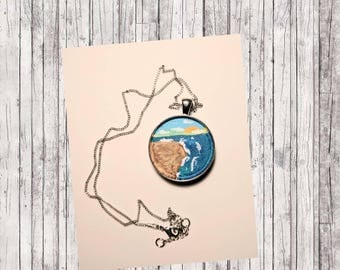 Silver Pendant with Beach line painting