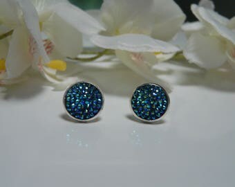 Made with a dark blue glitter cabochon Stud Earrings