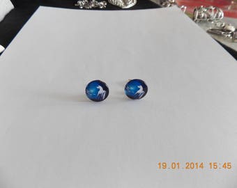 EARRINGS CLIP DEPICTING A UNICORN ON BLUE BACKGROUND