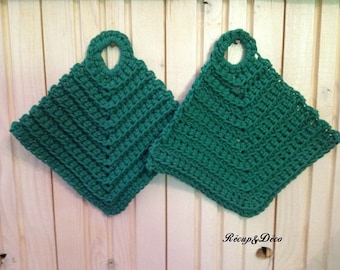 Green crocheted cotton potholders
