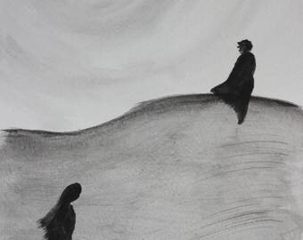 Original watercolor painting black and white