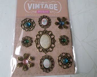 x 9 mixed tape vintage patterned flower/rhinestone metal embellishments/cameo bronze
