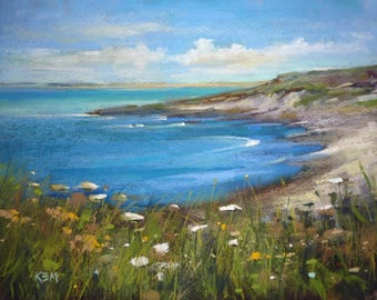 IRELAND Seascape Blue Sea with Wildflowers Original Pastel Painting Karen Margulis 11x14