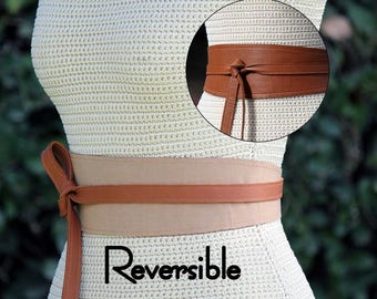 REVERSIBLE Leather Belt obi Wrap Sash - Camel Brown/Beige - XS S M L Petite & Plus Size - textured taffeta fabric for reverse