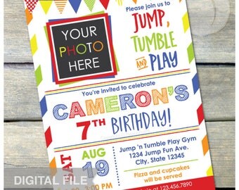 Gymnastics Birthday Invitation Jump Tumble Play Boy Girl Red Party - Photo - DIGITAL Printable Invite - 5” x 7”