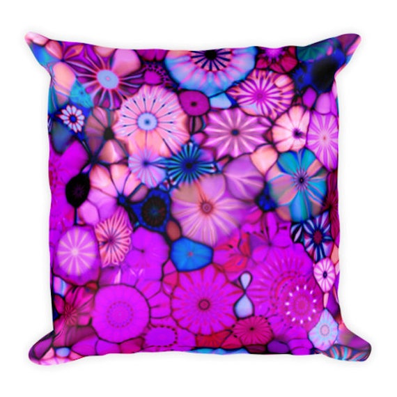 Artist Handmade Pink Purple Flowers Decorative Designer Pillow 16 inch Square with Zipper and Insert