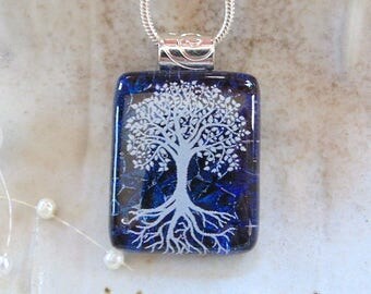 Tree of Life Dichroic Glass Pendant, Petite, Fused Glass Jewelry, Dark Blue, Purple, Necklace Included, A4