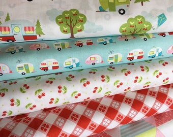 Glamping fabric, Fabricshoppe GlamperLicious fabric, Camping Camper Aqua fabric, Camp Hike, Vintage Camper Aqua by Riley Blake, Bundle of 6