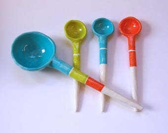 Bright orange, chartreuse & turquoise pottery Serving Spoons, set of 4, colorful stripes whimsical ceramic Hostess Gift