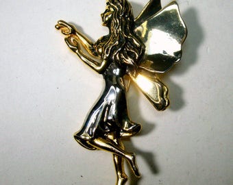 SALE, Large FAeRY Pin, 1990s Silver n Gold Fae Brooch, Glam Winged Woodland Creature