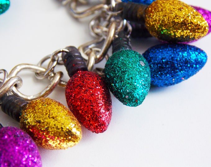 Christmas Holiday Lights Bracelet Bulbs Red Gold Green Blue Purple Charm Festive Sparkle Glitter Bulb Holiday Bracelet Jewelry