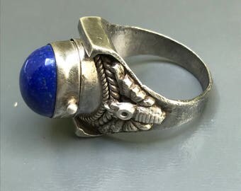 MASSIVE Vintage Poison Ring . Sterling Silver . Lapis . Dinner Ring . Tibetan Jewelry