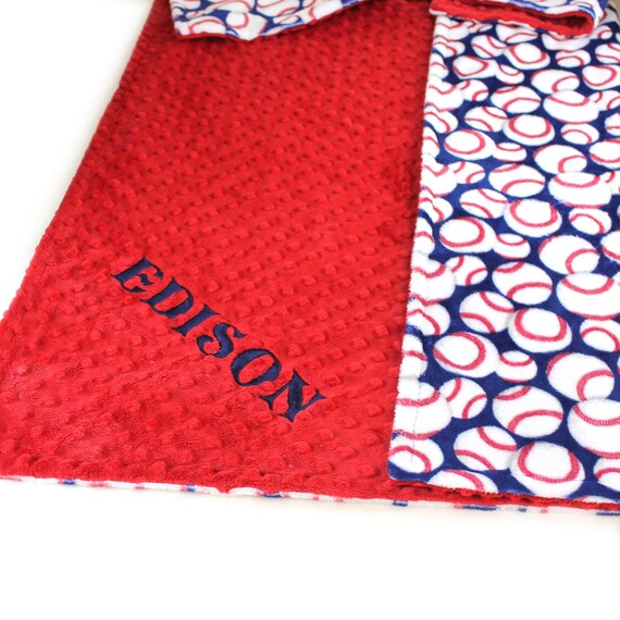 42 x 55 Baby Minky Blanket, Red and Blue Baseball Personalized Baby Blanket // Boy Baby Blanket / Baseball
