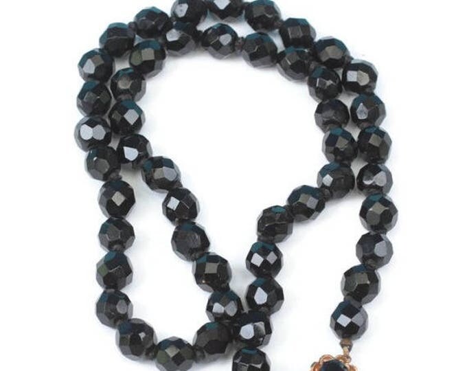 Faceted Black Glass Bead Necklace 19 Inches Fancy Clasp