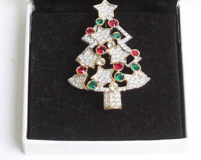 Swarovski Signed Christmas Tree Pin Clear Crystals Red and Green Ornaments Original Box