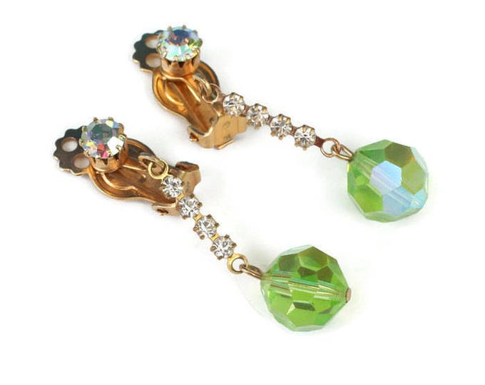 Green AB Crystal Dangle Earrings Clip Style Vintage