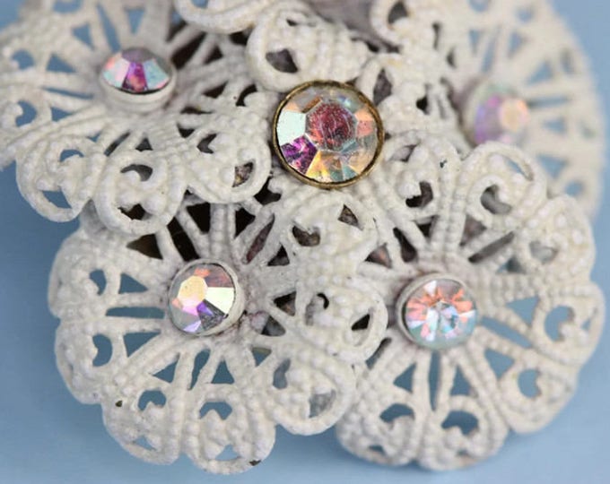 Vintage White Filigree Earrings Aurora Borealis Rhinestones Overlapping Circles Signed Marvella