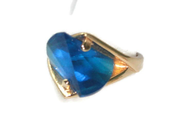 Blue Glass Statement Ring 18K GE Modernist Avant Garde Gold Tone Setting Size 8