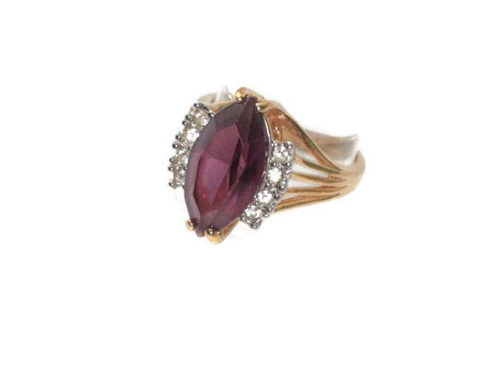 Amethyst Glass and Clear Stones Ring Marquise Stone 18KGE Statement Ring Size 8 Vintage