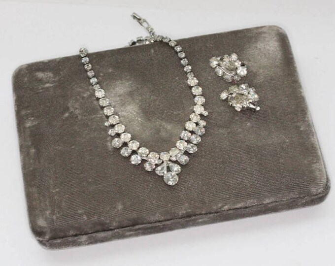 Weiss Clear Rhinestone Crystal Necklace Earrings Set Demi Parure Original Box