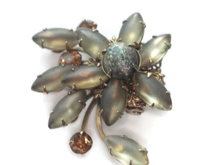 Frosted Gray Marquise Brooch Molded Glass Orange Rhinestones Swirled Design 1950s Vintage