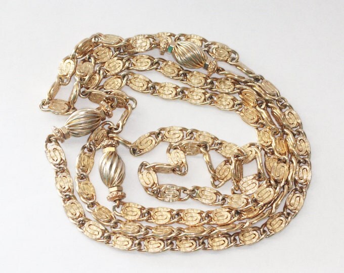 Longer Snail Chain Necklace Gold Tone Ribbed Accent Beads 44 Inch Necklace Retro Necklace