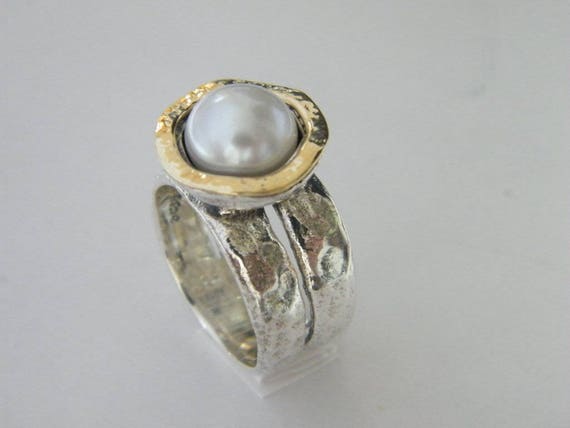 Pearl silver and gold ring