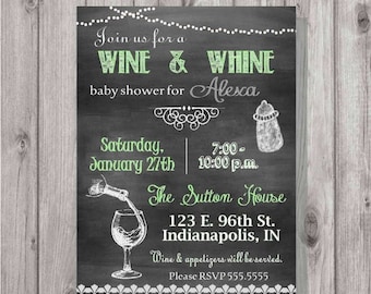 ON SALE Digital Chalkboard Style Baby Shower Green Wine & Whine Invitation Personalized Printable