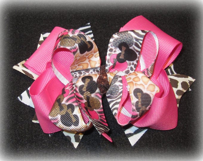 Animal Print Minnie Mouse Boutique Hair Bow Triple 3 layer Hairbow Baby Girls Toddler Zebra Cheetah Leopard Pink Bows Little Girl