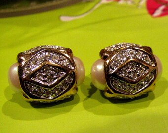 Vintage Signed AFJ Ambras Fine Jewelry Corp. Faux Pearl & Crystal Clip Earrings