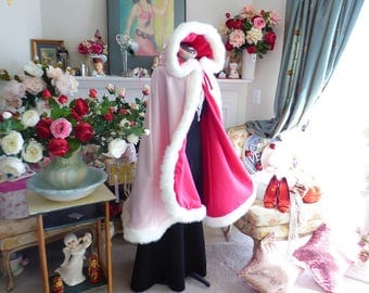 Sleeping Beauty Princess Bridal Cape Pinkish-Red (Cerise)/ Pink Satin 37-inch wedding cloak Reversible Hooded with fur trim Handmade in USA
