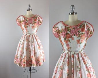 1950s Vintage Dress / 50s Floral Print Dress / Blooming Gladiolus Dress