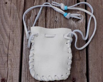 Off white leather drawstring pouch , Off white leather medicine bag , Soft leather crystal bag , Leather coin pouch