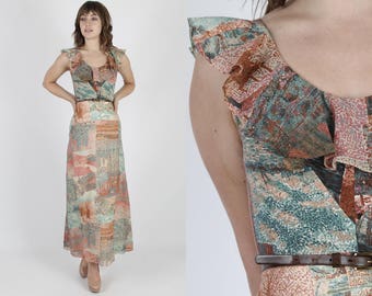 Bohemian Dress Prairie Dress Boho Dress Hippie Dress 70s Dress Vintage Dress Landscape Print Dress Festival Dress Maxi Dress S