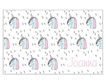 Personalized placemat Reversible unicorns custom name monogram blue pink