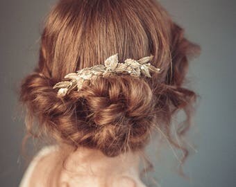 Bridal hair comb - Gold wedding headpiece - Gold leaf hair comb - Wedding decorative comb - Hair jewelry