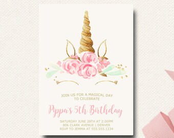 Unicorn Birthday Invitation | Unicorn Floral Horn Eyelashes Cake | Gold Girls Magical