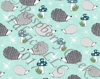 Mint Blue Grey and Teal Hedgehog 4 Way Stretch Jersey Knit Fabric, Woodland By Ella Randall for Club Fabrics