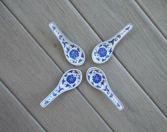 4 Vintage Chinese Soup Spoons Navy Blue & White Floral RARE Design