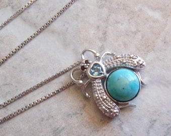 Sterling Bug Necklace Turquoise Garnet Sterling Silver Blue Topaz Vintage CW0115